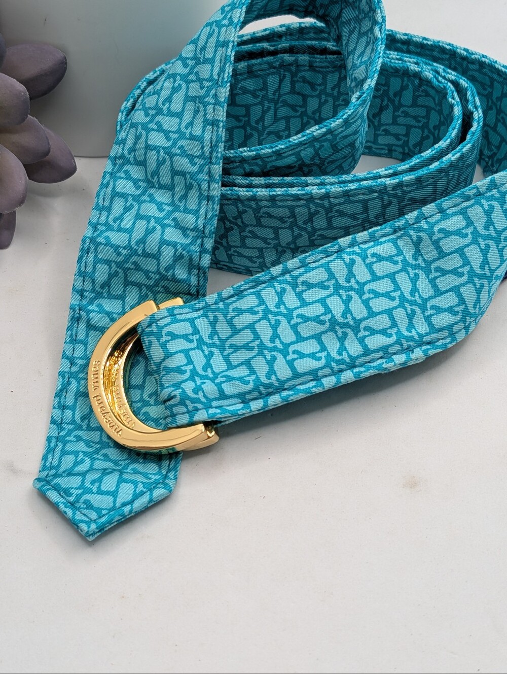 Vineyard Vines Teal Patterned Fabric Belt with Gold Hardware Size Medium